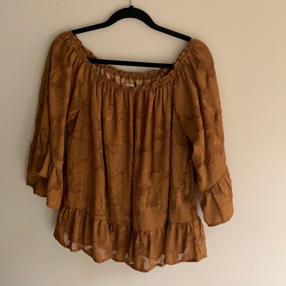Cupio Mustard Brown Off-the-Shoulder Peasant Blouse
